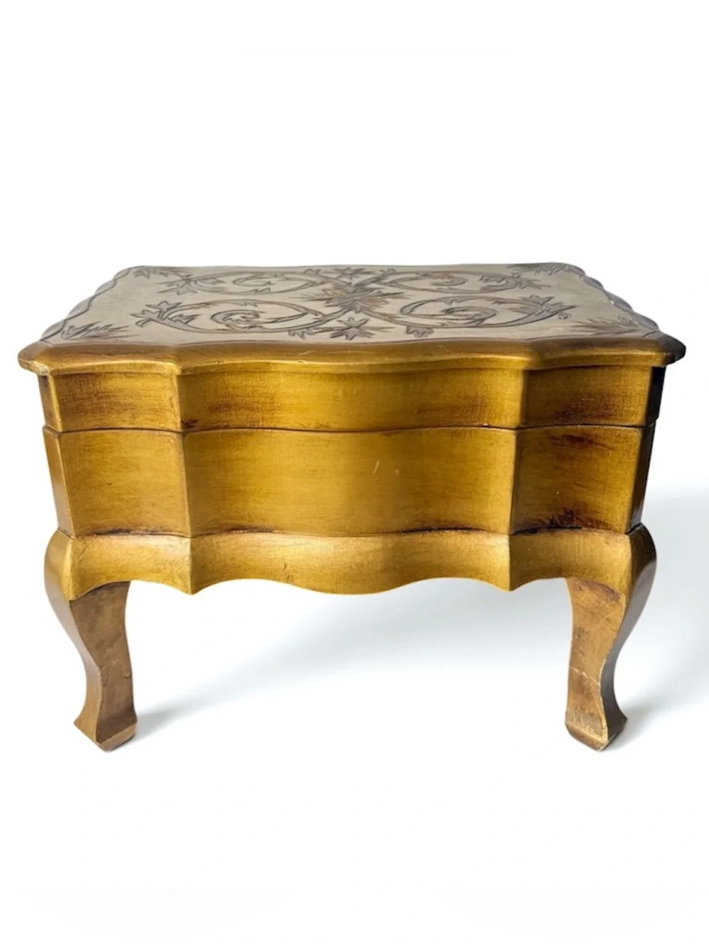 Vintage Italian Florentine Gilt Gold Wooden Hinged Chest Musical Jewelry Box